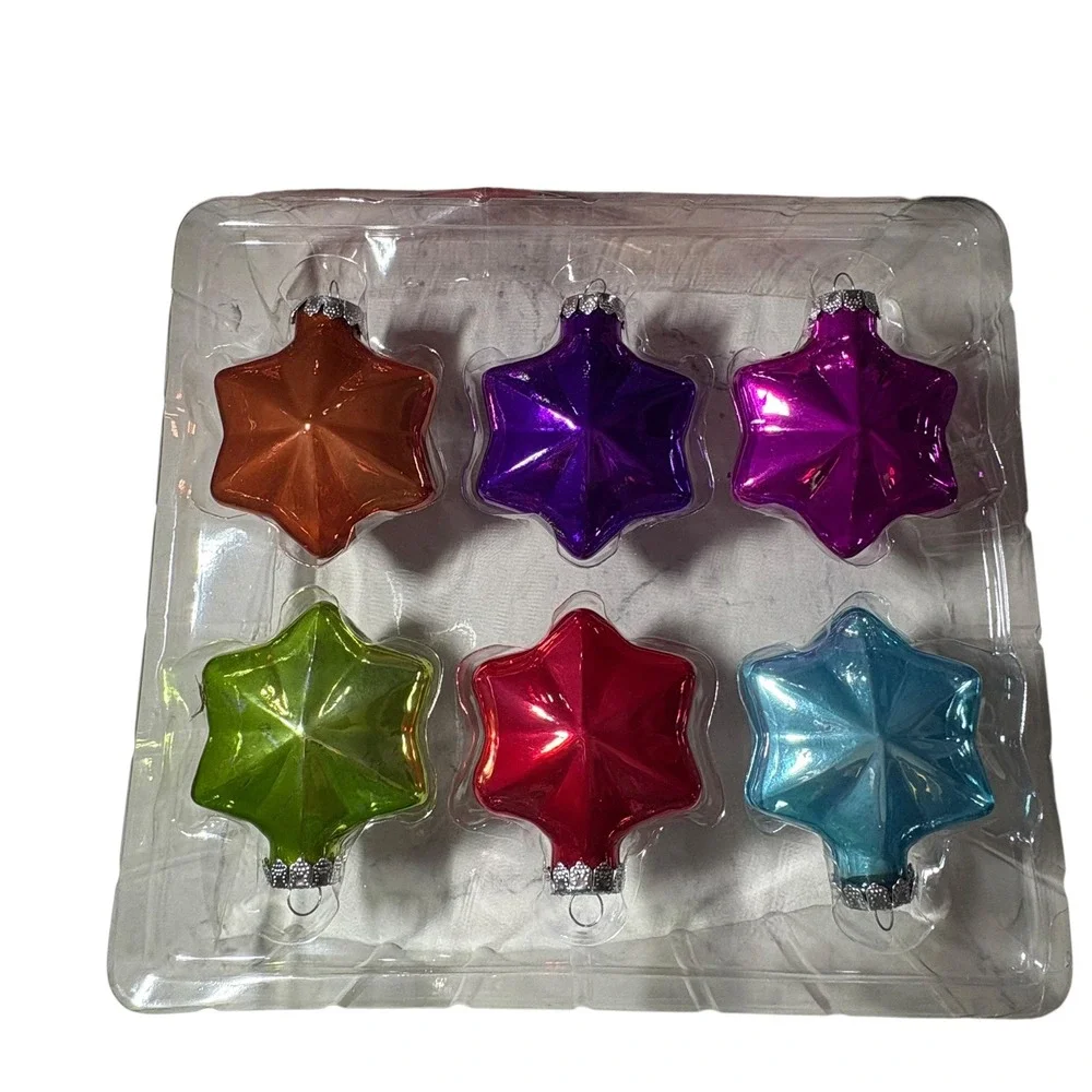 Set of 6 Multicolor Glass Star Christmas Ornaments Retro Jewel Tone Faceted 2.5